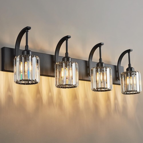 4-Light Crystal Vanity Light Modern Black Bathroom Wall Sconce with K9 Crysta...