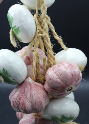 Vintage Ceramic Glazed Onions & Garlic Braided Hanging Jute Rope Farmhouse