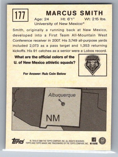 2009 TOPPS MAGIC FOOTBALL MINI 177 BLACK BOARDER MARCUS SMITH LOBOS - Picture 2 of 2