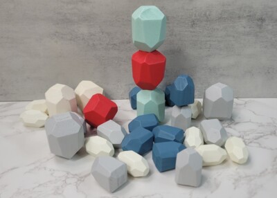 Big Lot Kids Stacking Wooden Games Blue Wood Rocks Toy Arts Balancing Blocks Set