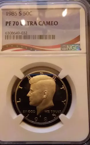 1985-S NGC PF 70 ULTRA CAMEO KENNEDY HALF DOLLAR *** PATRIOTIC FLAG LABEL ***