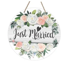  Just Married Rose Flower Front Door Sign, Floral Wood Door Hanger Outdoor 