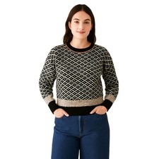 Cyrus Black White Geometric Fair Isle Chunky Knit Coastal Crewneck Sweater XS