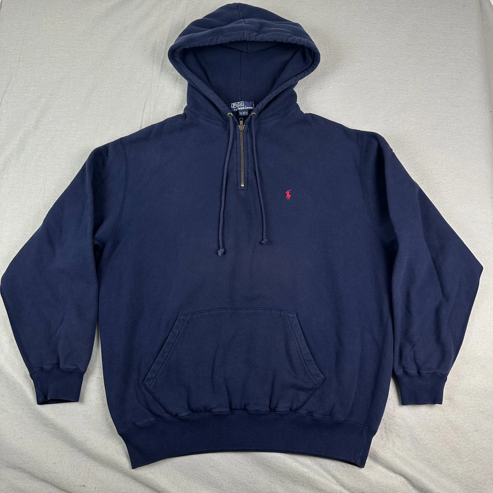 Vintage Polo Ralph Lauren mens Hoodie L Fleece Hooded 1/4 Zip navy Pony