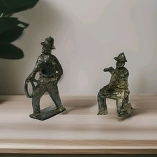 2 - Silver Plastic Cowboy Figurines Toy Play Western Rope Hat Gun Vtg