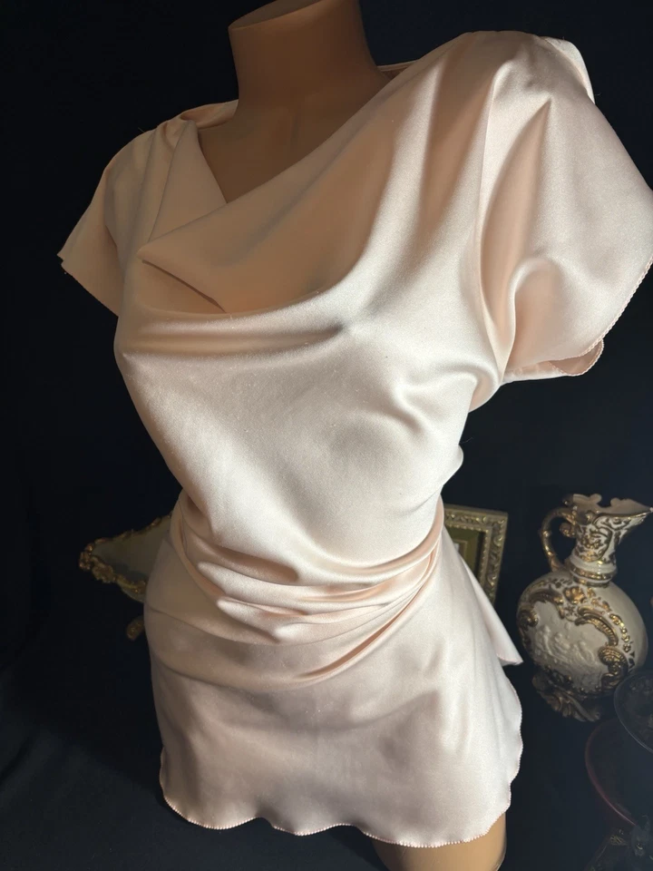 De Colección Satén Rosa Brillante Camisón Vestido Túnica TOP Vestido Capucha Cuello Camisón Vestido Foto 4 de 4