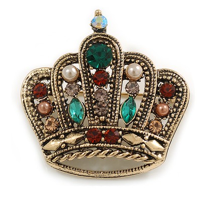 Vintage inspirierte bunte Kristall Perlen Krone Brosche in gealtertem Goldton -