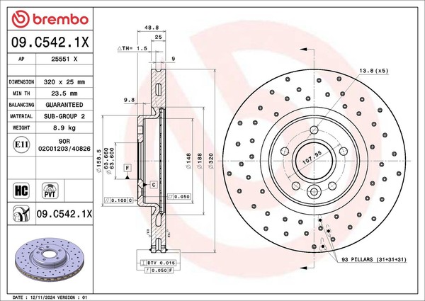 Brembo 2X Bremsscheibe Vorne Ø320 Gelocht/Innenbel. FüR Ford Kuga II DM2 2.0-image