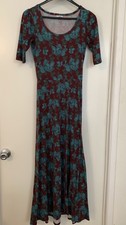 LuLaRoe Dress Womens XS Burgundy Blue Floral Short Sleeve Maxi Stretch Knit