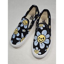 Vans Black Slip-On with Blue Petal  Yellow Smiley Daisy Print