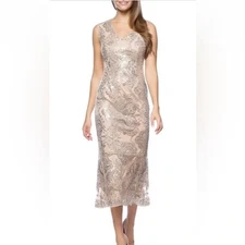 Marina Champagne Nude Sequin Embellished Midi Cocktail Dress Size 4 $189