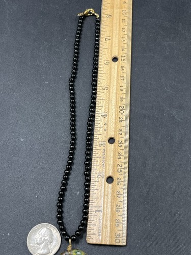 Lenore Solmo Signed Black Beads Necklace Glass & Floral Design Pendant 16” Long - Picture 12 of 14