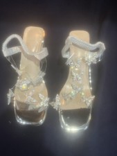 Sandalias de tacón transparente punta abierta mariposas diamantes de imitación talla 38 talla 7,5 para mujer
