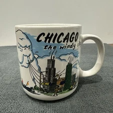 Vintage Cartoon Drawing Chicago The Windy City Slanted Mug Rare ~ 250 mL