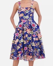 Eliza J Women's Blue Floral Appliqué Mesh Midi-Dress Size 4