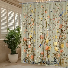 Chinoiserie Floral Bird Shower Curtain, Vintage Botanical Design, Elegant decor