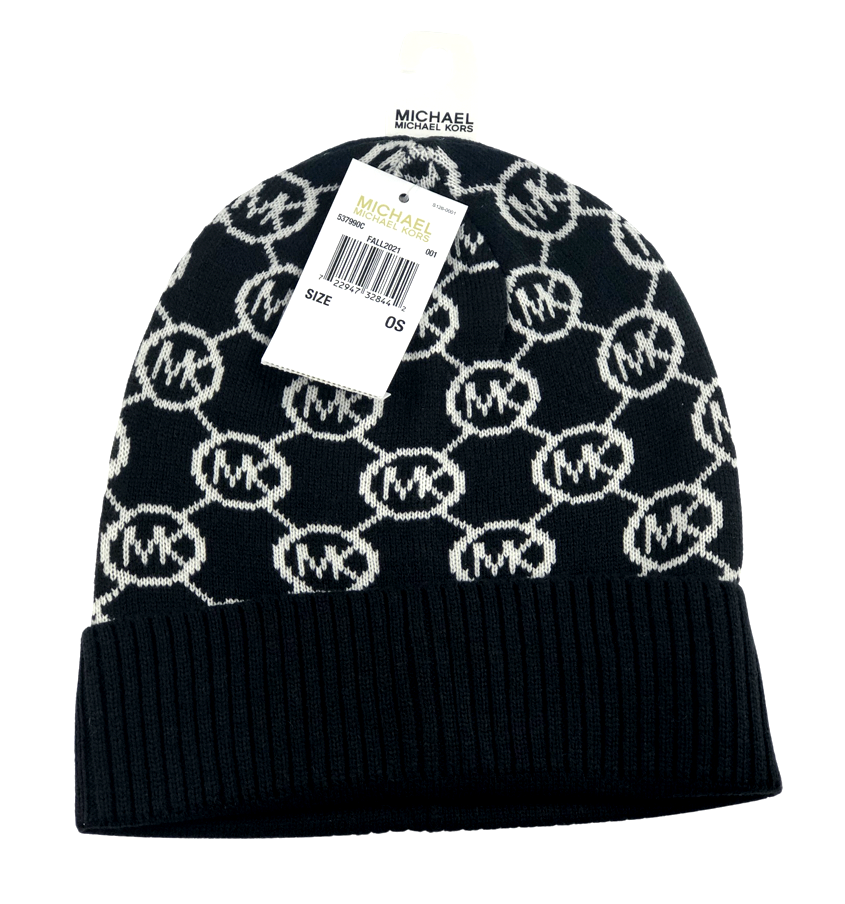 NWT MICHAEL KORS BLACK JET SET MK LOGO PRINT CALF BEANIE HAT