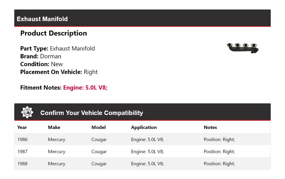 Правый выпускной коллектор для 1986-1988 Mercury Cougar 5,0 л V8 Dorman 1987 - Изображение 2 из 4