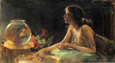 Pintura al óleo Charles-Courtney-Curran-The-Goldfish joven dama por pecera