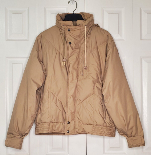 Goose Down Puffer Jacket Mens Med Winter Coat Tan Hideaway Hood St Johns Bay Vtg - Picture 4 of 10