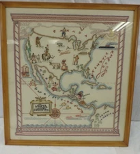RARE LARGE ANTIQUE 1940'S PICTORIAL EMBROIDERY NORTH AMERICA MAP CROSS STITCH
