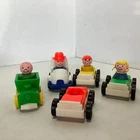 Lot of 9 Vintage Fisher Price Wooden Little People 4 People & 5 Vehicles