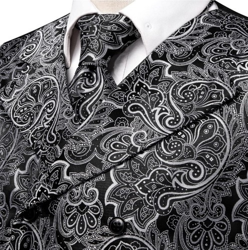 Herren Weste Anzug Paisley Blumen Weste weiß schwarz Seide Krawatte Set Jacke 4tlg M - Bild 2 von 6