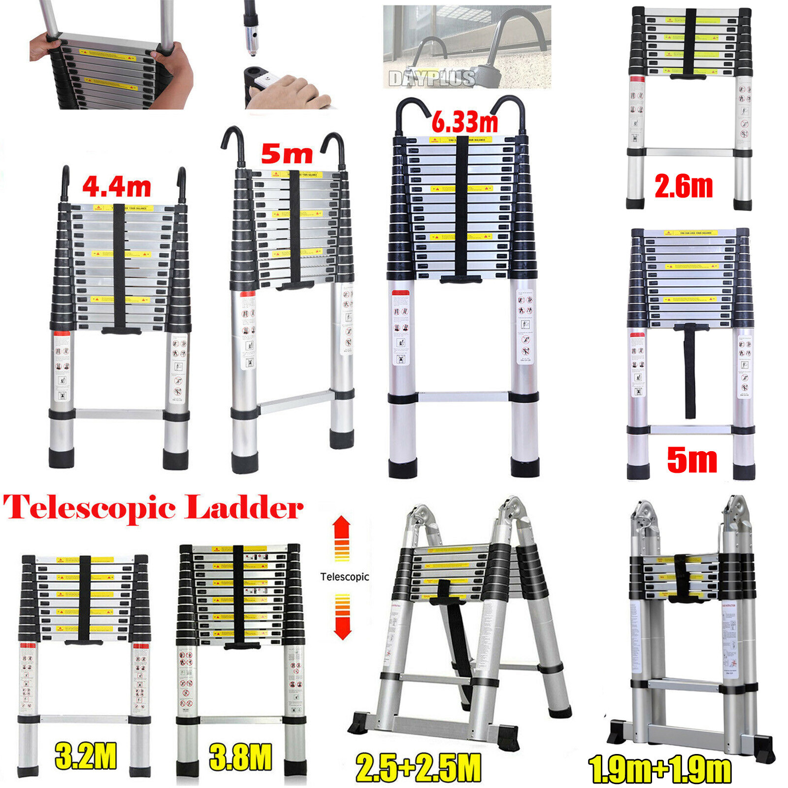 6.33m 5m Folding Aluminum 2.6m Telescoping Collapsible Roof Climb Ladder / Hook