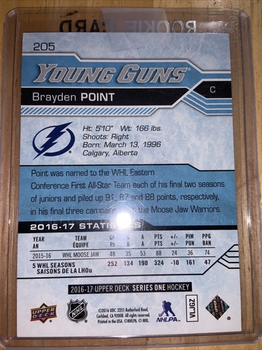 2016-17 UD Young Guns Brayden Point Rookie RC Upper Deck # 205 TB Lightning - Picture 2 of 2