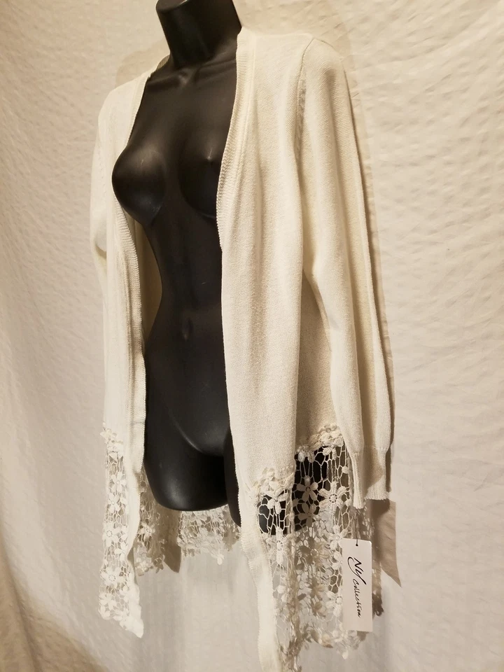 Nueva Colección NY Para Mujer M Mediano Cárdigan Suéter Frente Abierto Borde de Encaje Blanco Foto 2 de 4