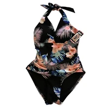 DKNY Womens Size S Island Tropical Print Shirred Waist Halter Swimsuit NWT
