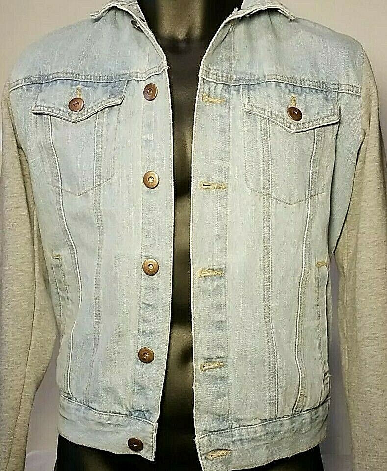 Jean Jacket SMALL Men's Fashion Nova Light Blue Denim w/Gray Sweatshirt  Sleeves
