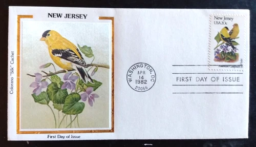 NEW JERSEY BIRD & FLOWER 1982 COLORANO SILK FDC GOLDFINCH & VIOLET WDC CANCEL