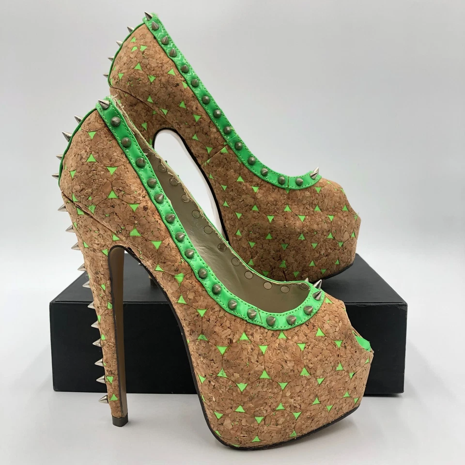 Red Kiss Platform Heels Women's Size 6.5 Cork and Green Spike Studded - Image 2 of 4