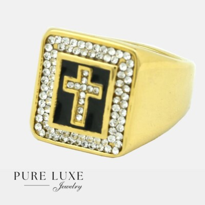 #ad #ad Men#x27;sStainless Steel CROSSCubic Zirconia Black Rings #8 13 Gold plated BOX $16.99