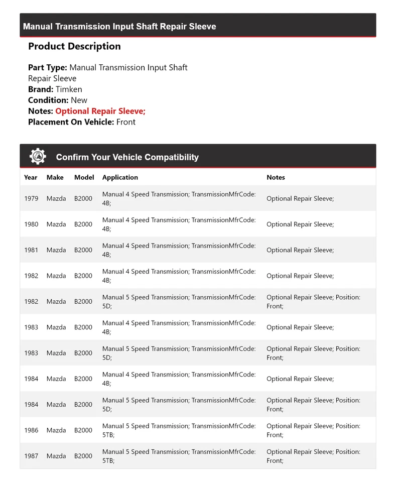 For 1979-84, 1986-87 Mazda B2000 Manual Trans Input Shaft Repair Sleeve Timken - Image 2 of 4