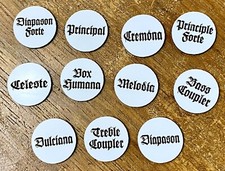 New Pump/Reed Organ Stop Faces, 7/8", Set of 11, White w/Black Lettering, Schulz
