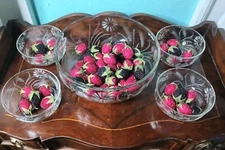 5 Pc Elegant Etched Glass Berry Bowl Set Wheat Serving Bowl 4 Individual Bowls
