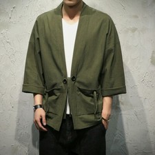 Mens Loose Japanese Kimono Top Shirt Retro Cardigan T-shirt Pocket Blouse