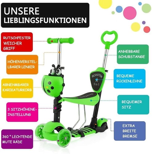 5 in 1 Kinderroller Tretroller LED Räder Scooter Cityroller Dreiradscooter 2J - Bild 31 von 42