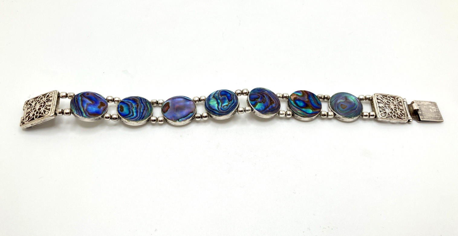 Abalone Shell Panel Link German Silver Bracelet 7… - image 8