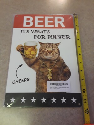 Beer It's Whats for Dinner 8 x 12 Tin Decorative Sign Cat Holding Beer Mug