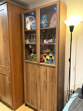 IKEA Modern Brown Wood & Glass Display Cabinet 2 Glass Doors Shelves 180cm