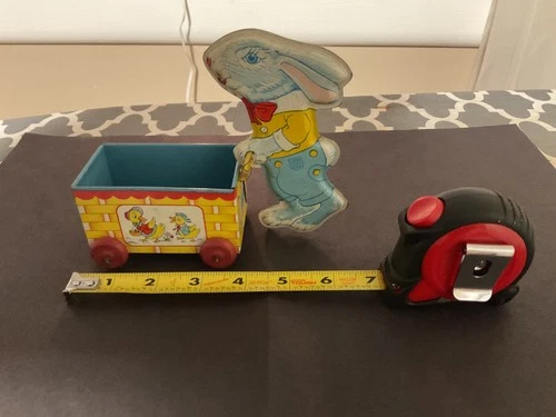 VINTAGE EASTER BUNNY PUSHING CART J. CHEIN LITHOGRAPH METAL TIN TOY