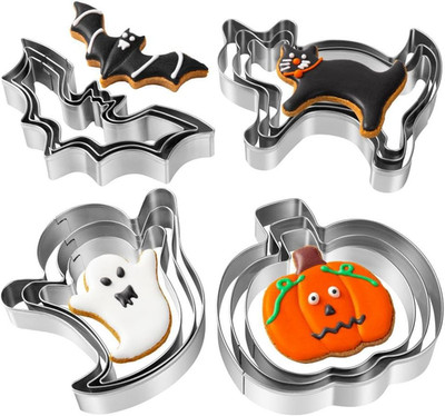 Cookie Cutters Set - 12 Pieces Stainless Steel Pumpkin, Ghost, Bat and Cat Shape