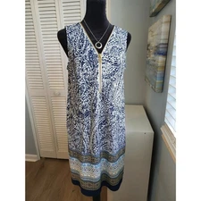 MSK Petite Sleeveless Jersey Dress Nautical Coastal Navy Gold Zipper Size Small
