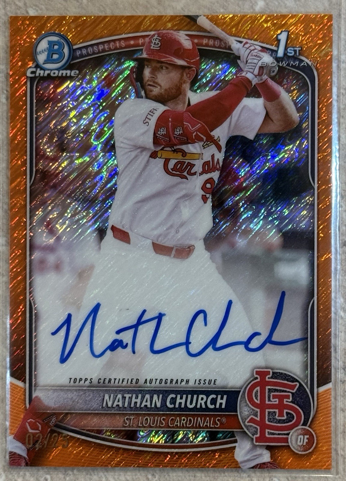2025 BOWMAN CHROME NATHAN CHURCH AUTO ORANGE WAVE RC 2/25 1ST BOWMAN CARDINALS