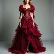 Vintage Burgundy Prom Dresses Puffy Short Sleeves Ruffled Tiered Evening Gowns