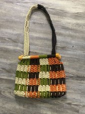 Vintage 1970s Macrame Boho Shoulder Bag Earth Tones with Wooden Toggle Accent