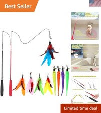 Engaging Retractable Cat Wand Set: 2 Wands  9 Feather Refills for Exercise